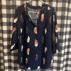 SHEIN Navy Feather Print Blouse